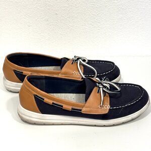 Clarks Cloudsteppers Boat Loafer Shoes Cushion Comfort Navy Brown Womens Size 11